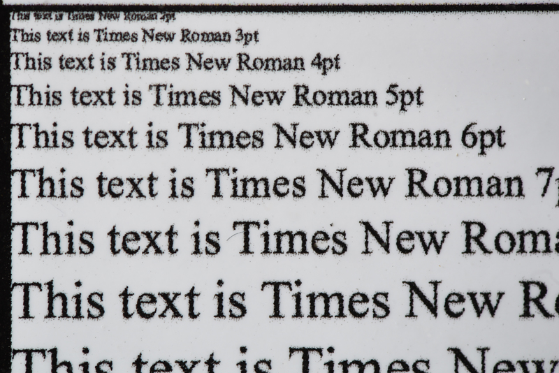This image shows the text panel as printed in the Standard resolution mode, clearly showing how sharp the text is down to 3pt.